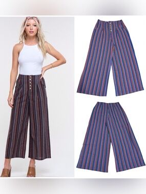 Hyped Unicorn Striped High Waist Pants Wide Leg Ankle Size Small Blue Green